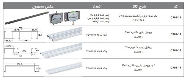 مکانیزم درب ریلی (K023) تاپ لاین توکار با آرامبند 2400mm دو درب فانتونی کد C701